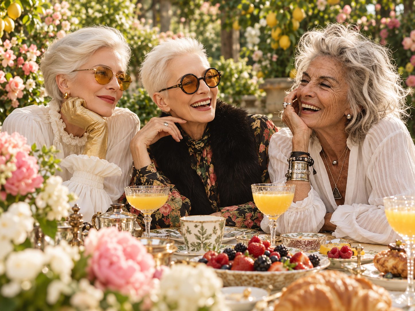 Friends laughing together at a garden brunch